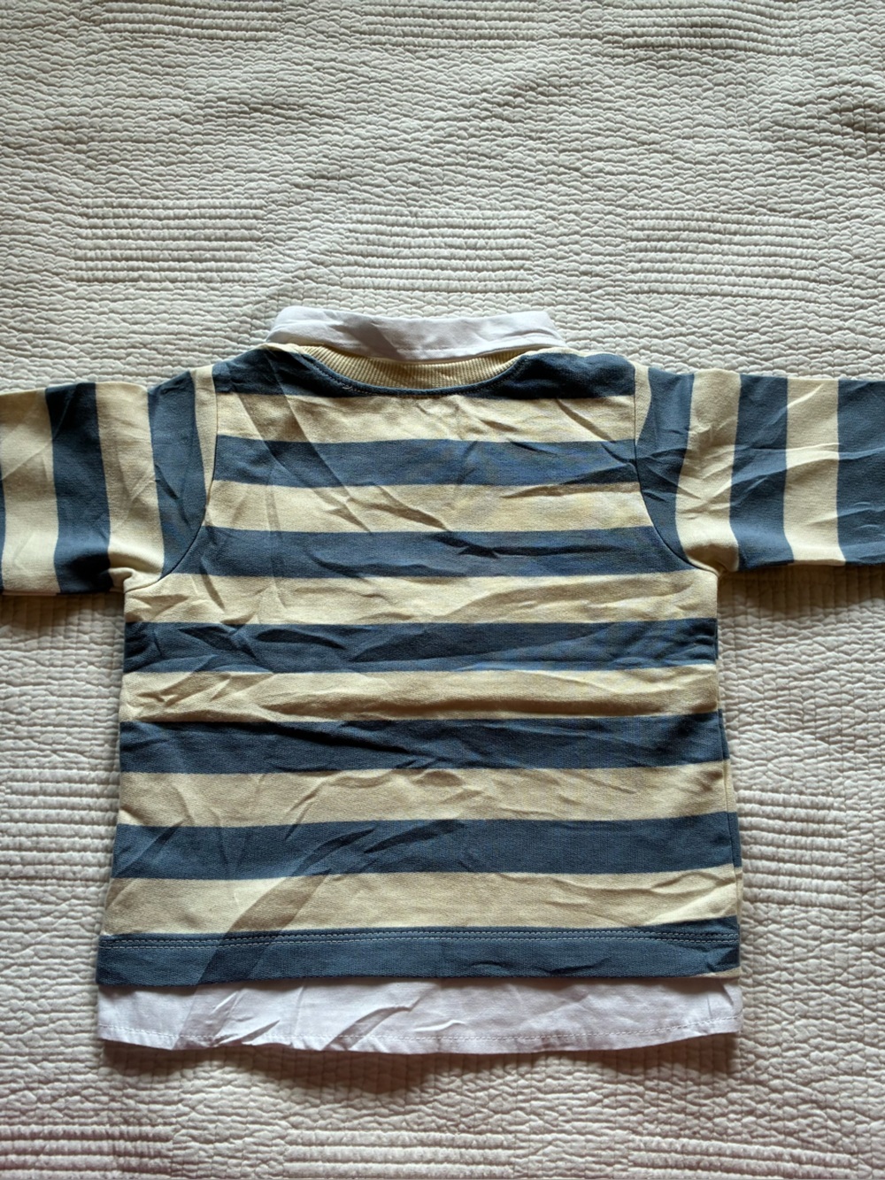 Hop Baby Striped 'Big Hug' Long Sleeve Polo Shirt in Cream & Blue - Picture 3 of 3